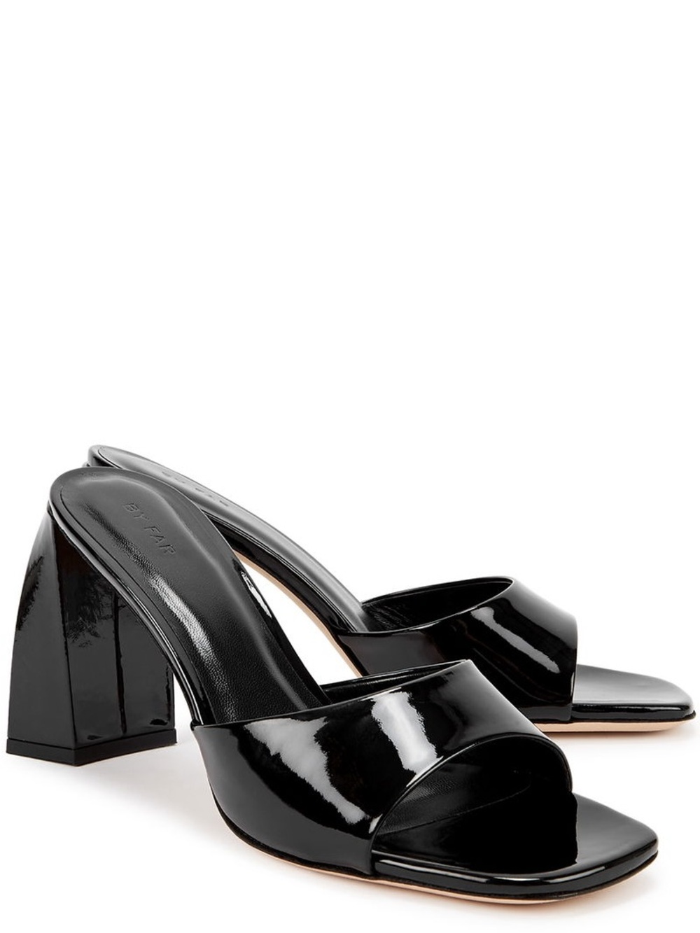 BY FAR Black Patent Block Heel Mules